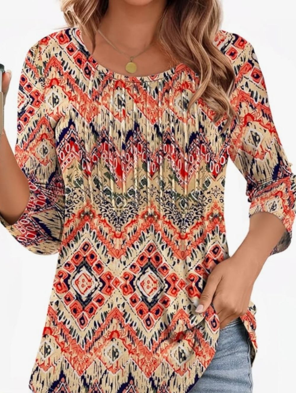 Women’s Boho Print Scoop Neck Top in Coral and Cream